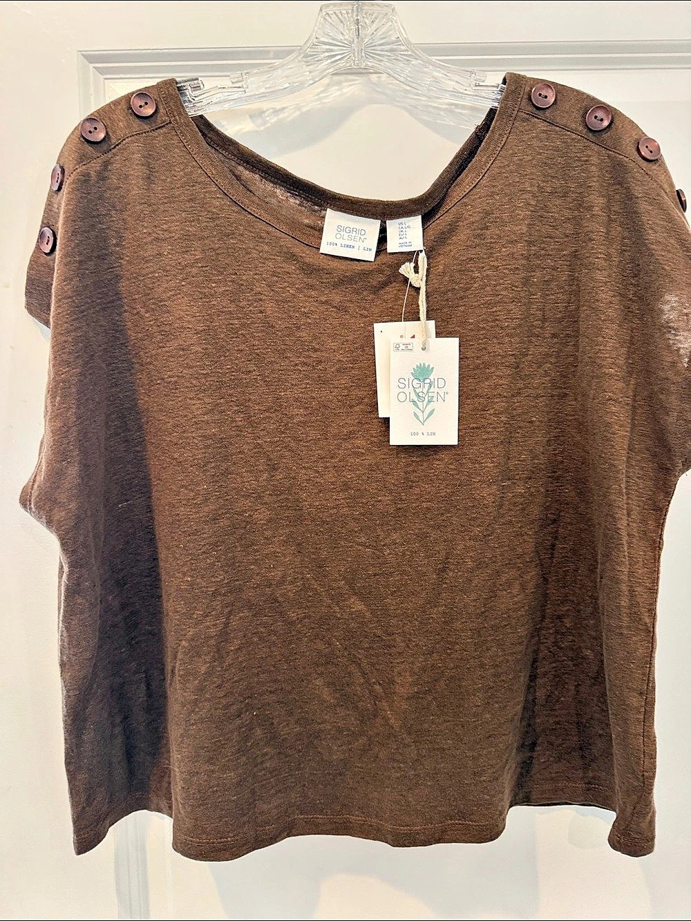 Sigrid Olsen Linen Button Shoulder Top in Brown Size Medium NWT